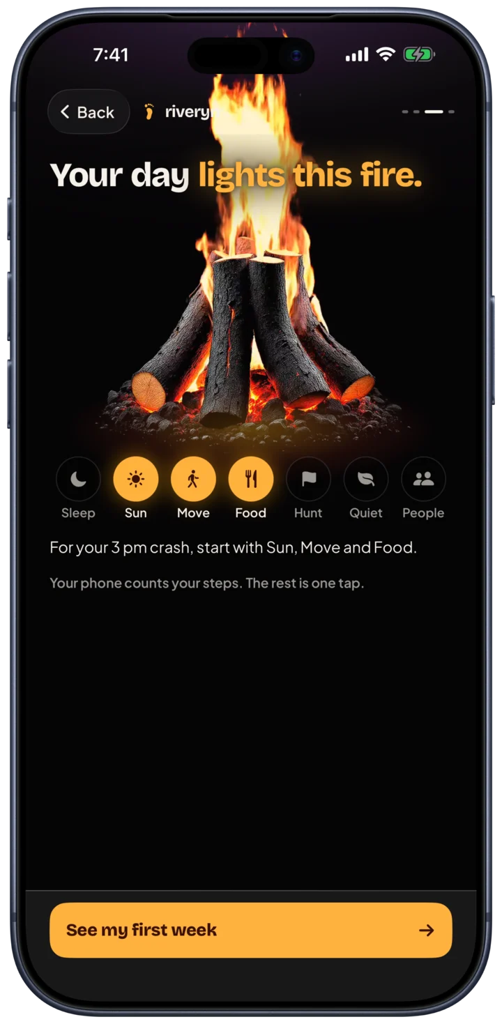 One of Riveryn's first screens, &ldquo;Your day lights this fire.&rdquo;: a fire over seven rings from Sleep to People, and the line &ldquo;Your phone counts your steps. The rest is one tap.&rdquo;