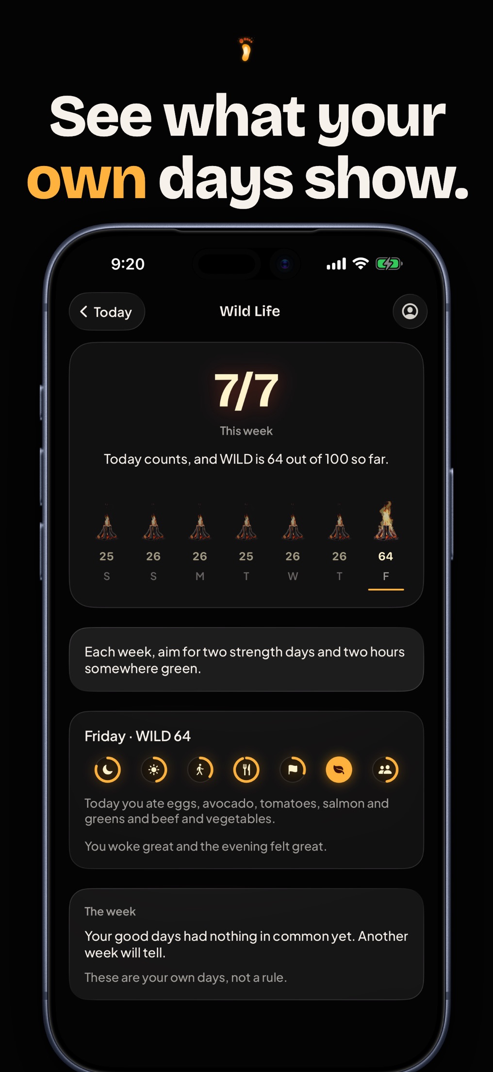 Screenshot: See what your own days show. The week view with seven small fires and the week card.