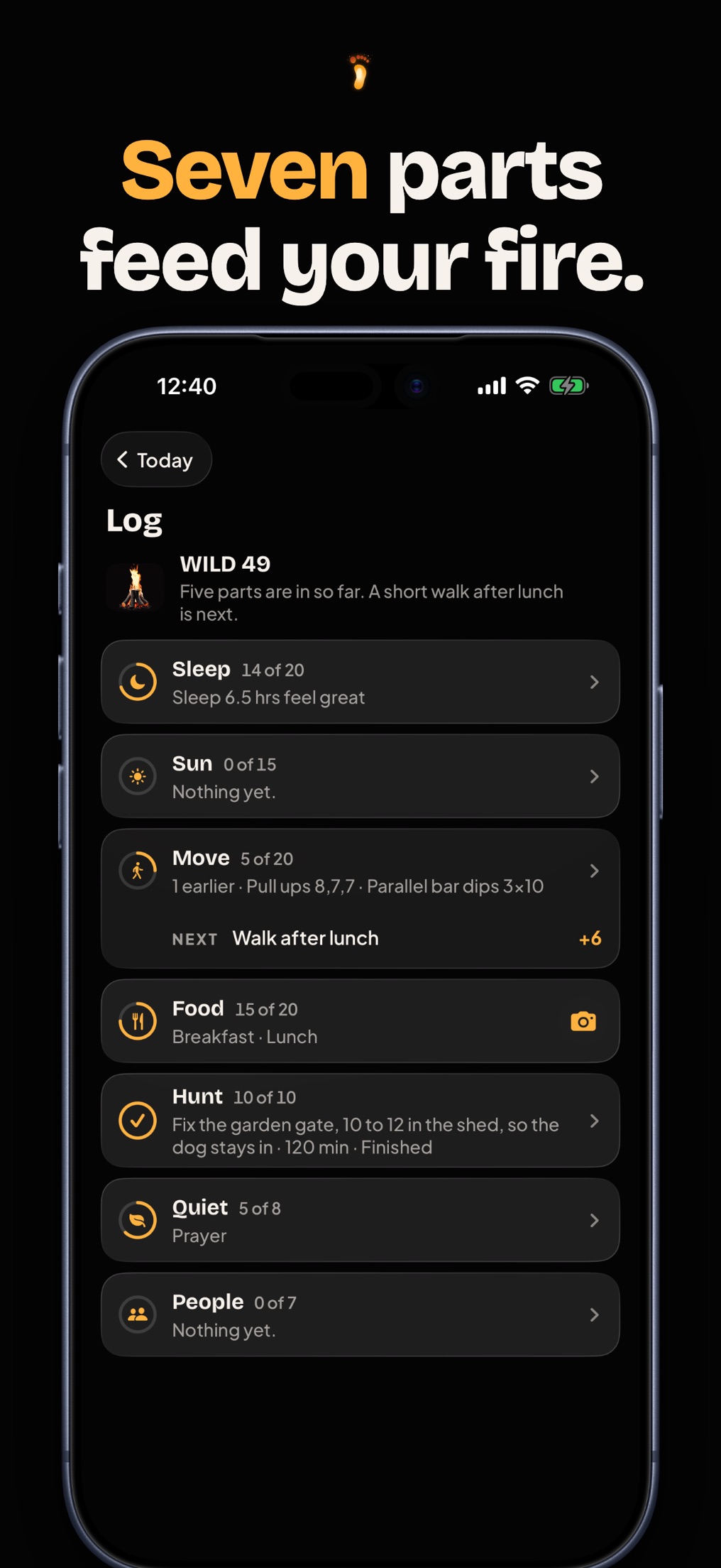 Screenshot: Seven parts feed your fire. The Log screen lists Sleep, Sun, Move, Food, Hunt, Quiet and People.