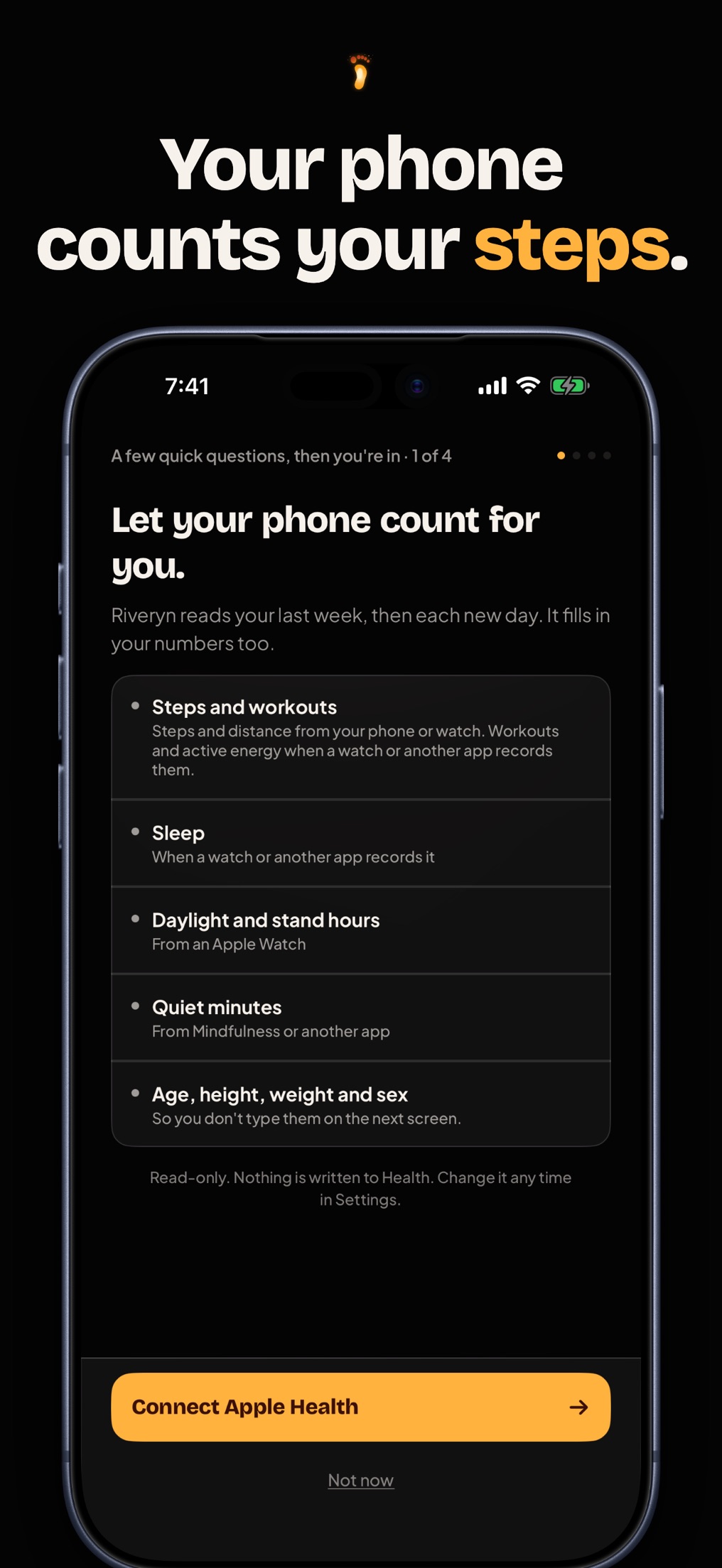 Screenshot: Your phone counts your steps. The read-only Apple Health connection screen.